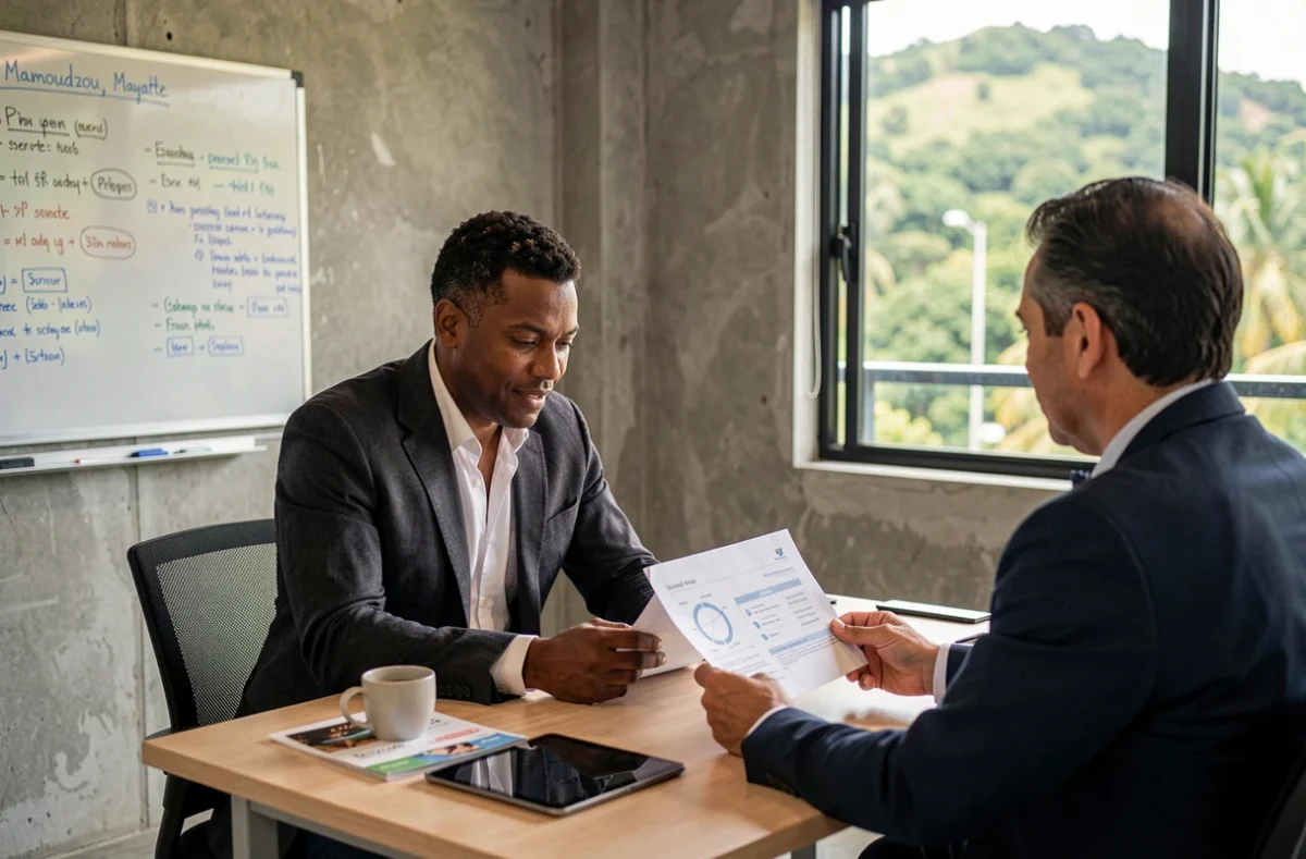 Entrepreneur mahorais en réunion avec un conseiller pour finaliser les démarches CDR Mayotte Business et le plan d'affaires 2026