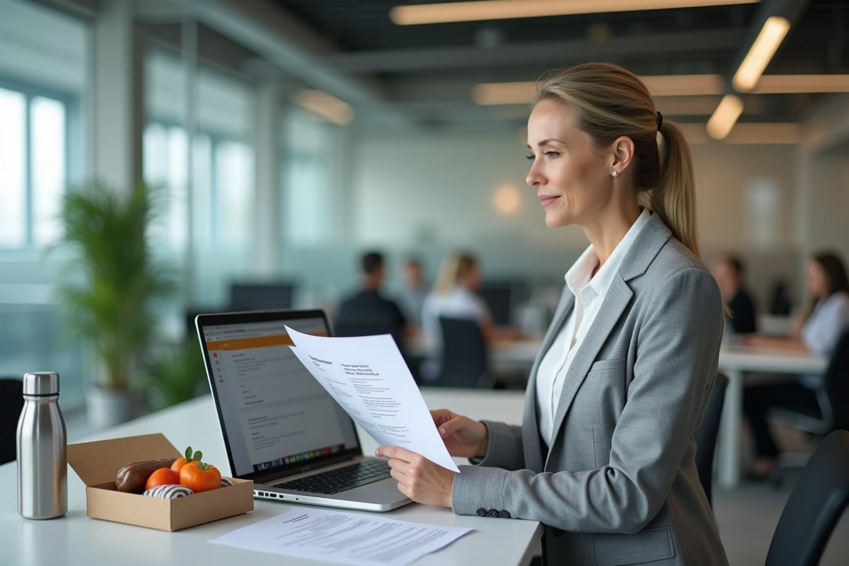 Responsable RH en entreprise consultant une politique de panier repas obligatoire à son bureau