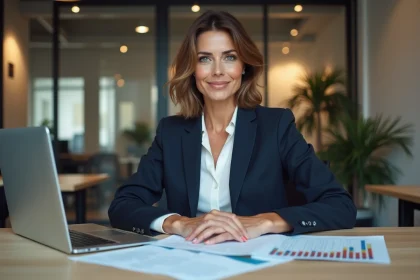 Femme cadre française analysant un rapport de salaire dans un bureau moderne