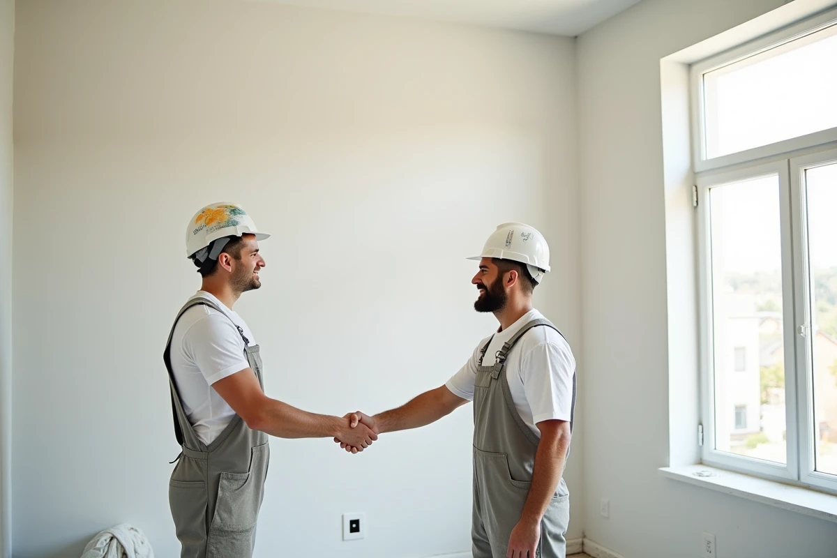 Artisan plâtrier-peintre et conseiller en assurance concluant un contrat de garantie décennale sur chantier