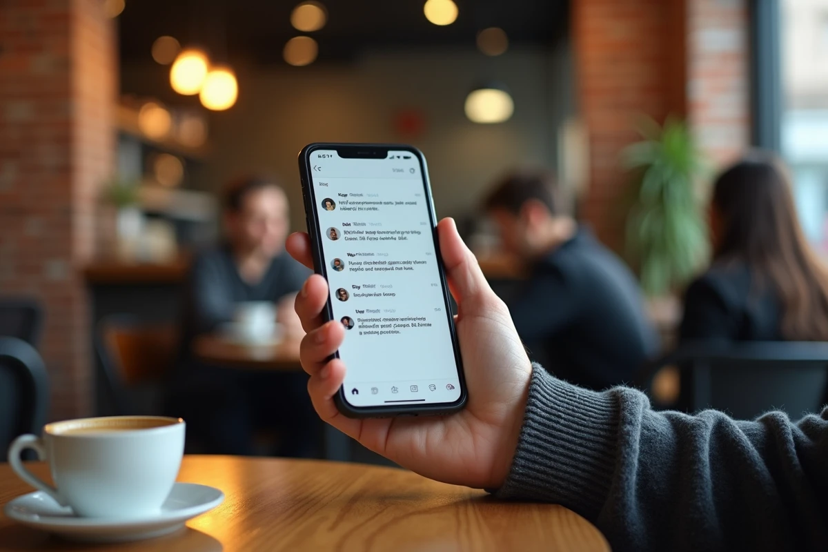 Main d'un homme tenant un smartphone affichant une interface de chat combinant chatbot et agent humain dans un café moderne