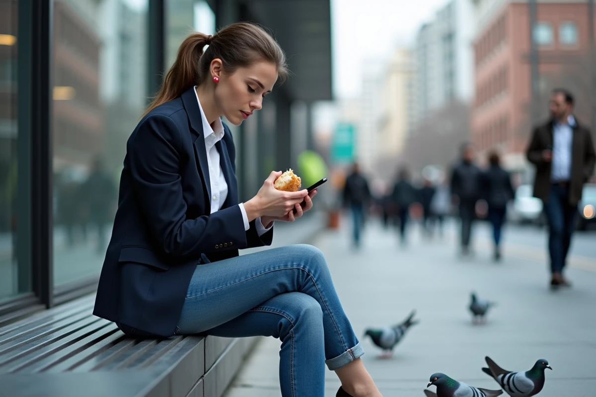 Une femme seule mangeant devant un immeuble de bureaux, symbole de l'isolement social causé par les conditions de travail modernes