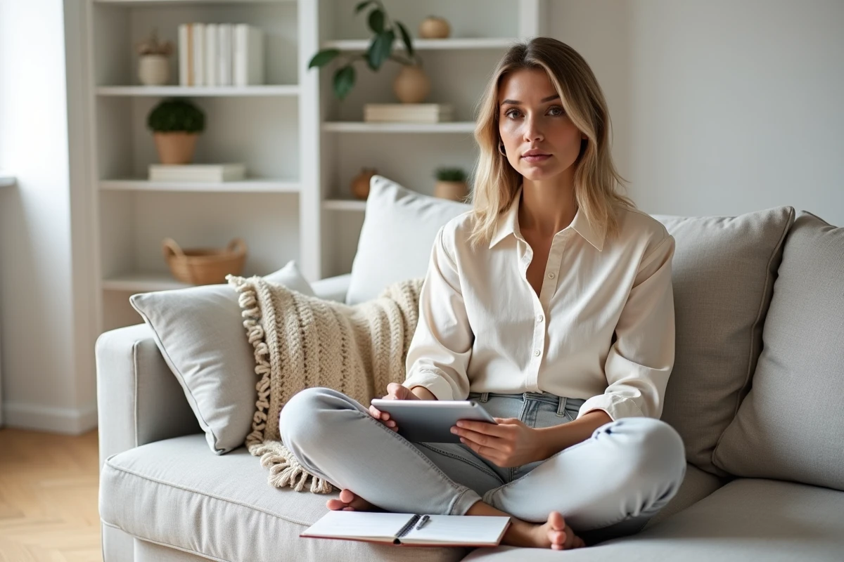 Femme planifiant sa stratégie de réseaux sociaux avec un calendrier éditorial sur tablette dans un salon moderne