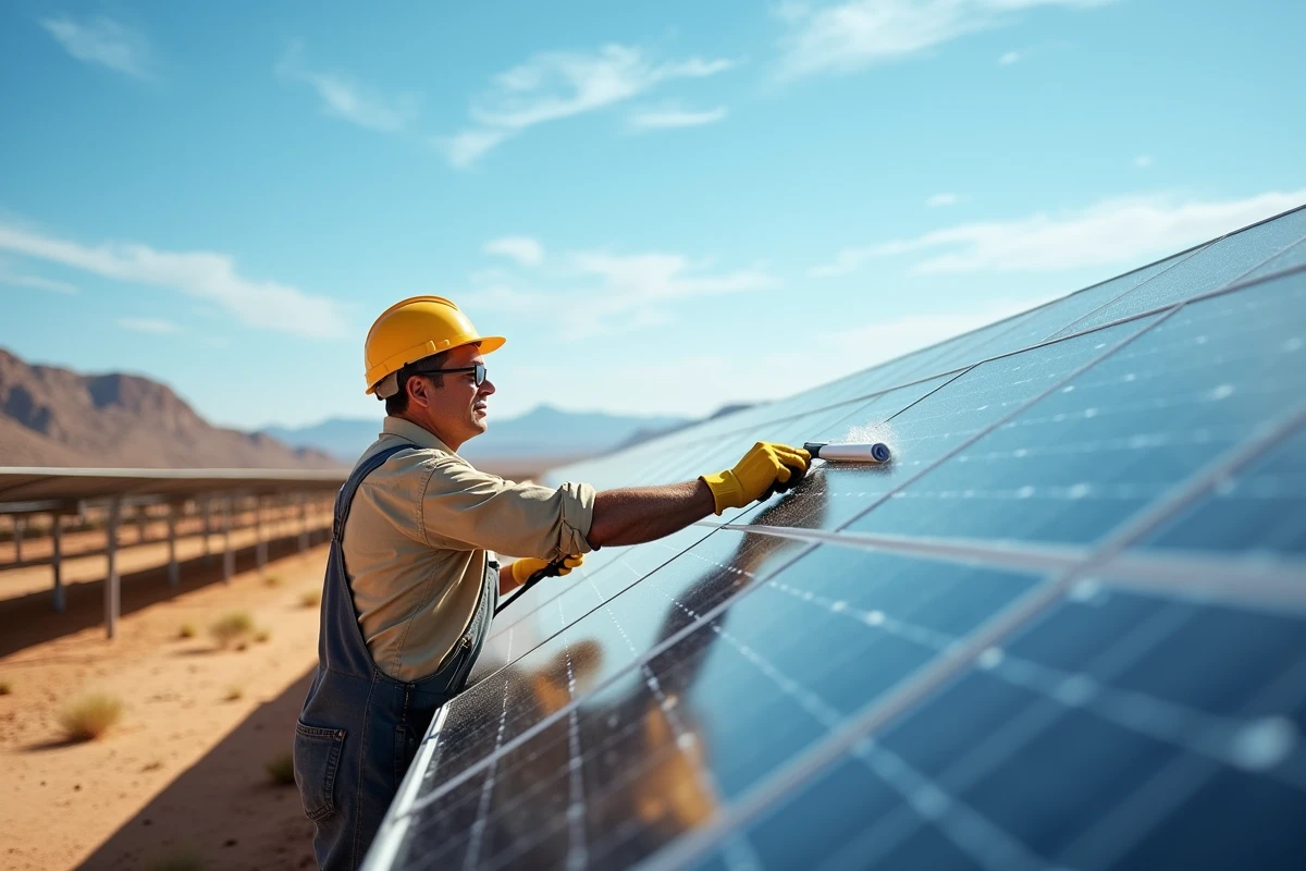 Technicien entretenant des panneaux solaires dans un grand parc photovoltaïque en zone aride