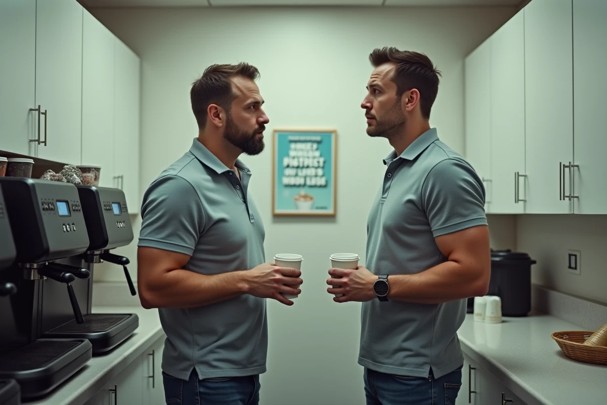 Deux collègues masculins en tension silencieuse près d'une machine à café, illustrant la rupture du lien social dans l'environnement professionnel