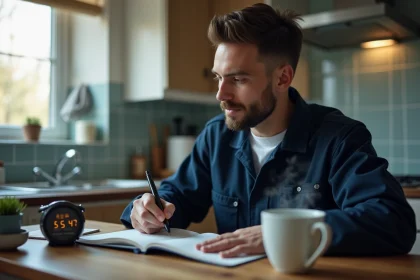 Travailleur en horaires 2x8 planifiant sa journée avec un agenda papier dans sa cuisine le matin
