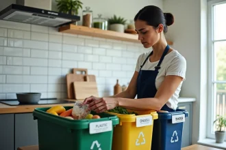 Femme triant des déchets valorisables dans des bacs de recyclage colorés dans une cuisine moderne