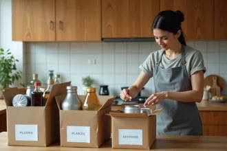 Femme triant des emballages ménagers en carton, plastique, verre et métal dans des bacs de tri colorés dans une cuisine moderne