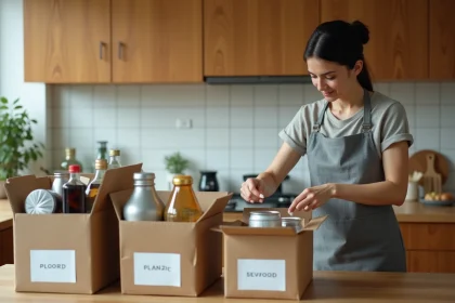 Femme triant des emballages ménagers en carton, plastique, verre et métal dans des bacs de tri colorés dans une cuisine moderne