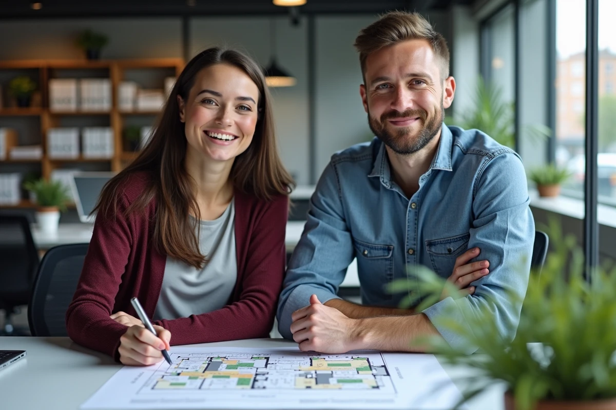 Deux urbanistes analysant un plan numérique de capacité d'accueil sur ordinateur dans un bureau moderne