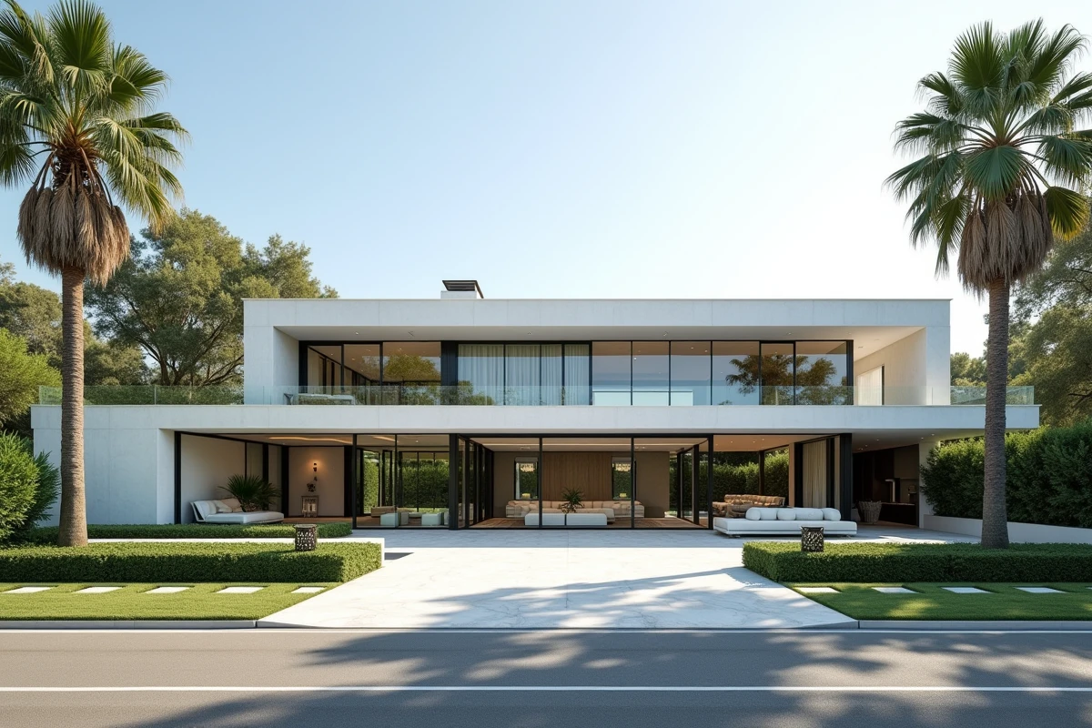 Majestueuse villa contemporaine de Bel Air Los Angeles avec façade en verre et béton blanc entourée de palmiers
